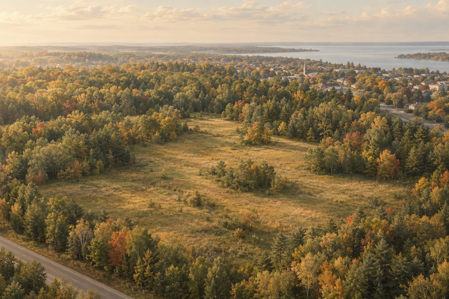 Wooded parcel of land on the edge of a small Ontario town in autumn light.